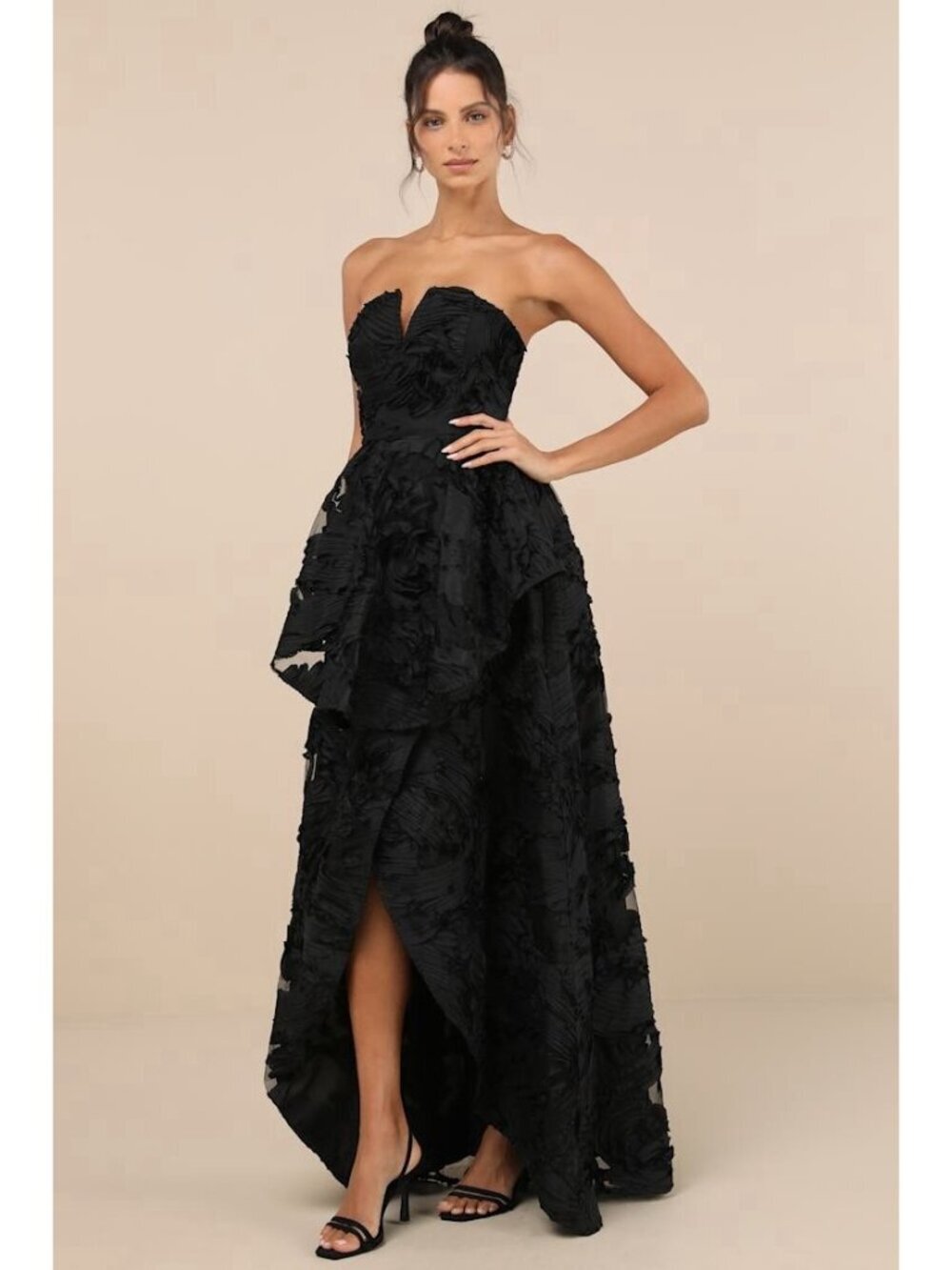 Lulus Majestic Glam Maxi Dress Sz XL Black Strapless Textured Hi Low Formal Gown - Picture 3 of 5